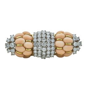14K Yellow Gold Angel Skin Coral and Diamond Convertible Brooch Pendant