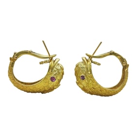 18K Yellow Gold Ruby Animal Hoop Earrings