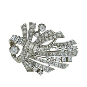 Platinum Round and Baguette-Cut Diamond Brooch Pin