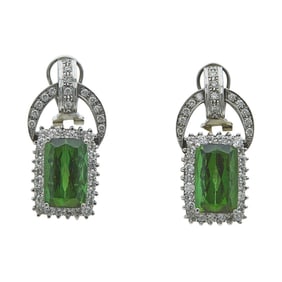 18K White Gold Rectangular Green Tourmaline and Diamond Halo Drop Earrings