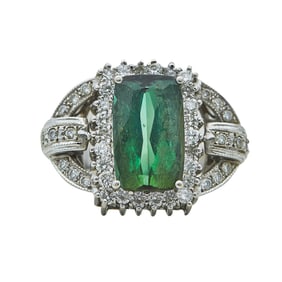 18K White Gold Rectangular Green Tourmaline and Diamond Halo Ring