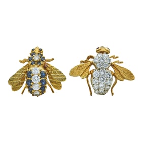 Pair of 18K Yellow Gold Diamond, Sapphire and Ruby Insect Brooch Pins