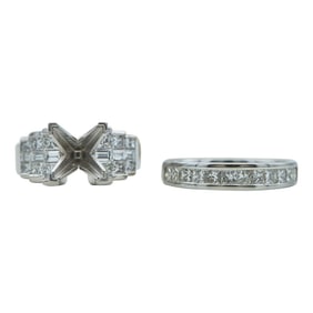 Platinum Princess and Baguette-Cut Diamond Engagement Ring Setting and Wedding Band Ring