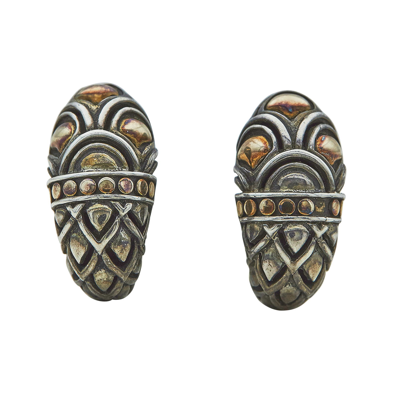 John Hardy Naga Shrimp Sterling Silver and 18K Yellow Gold Earrings: BRAND: John Hardy; METAL: Sterling Silver, 18K Yellow Gold; STAMPED: JH, 18K, 925; CONDITION: Pre-owned, Good; ITEM WEIGHT (GRAMS): 8.95 g; MEASUREMENTS: 20mm x 10mm; ADDITIONAL COMMENTS: With Sterlin