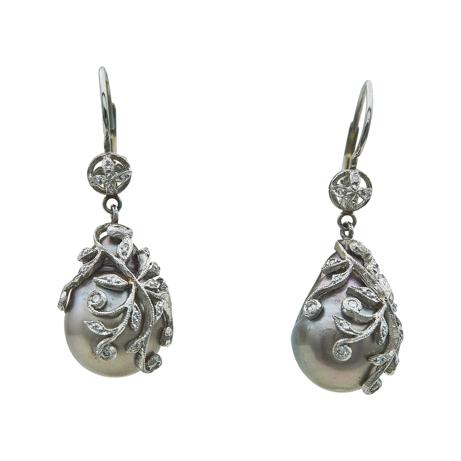 14K White Gold Baroque Tahitian Pearl and Floral Diamond Basket Drop Earrings (1 of 3)