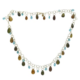 18K Yellow Gold Circle Chain Necklace with Multicolored Topaz Drops