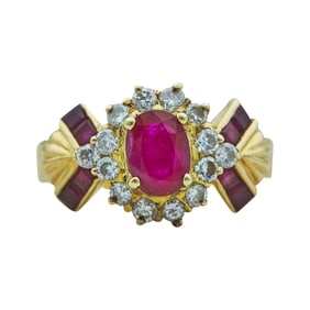 14K Yellow Gold Oval-Cut Ruby and Diamond Halo Cluster Ring