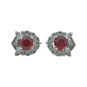 18K White Gold Round-Cut Ruby and Diamond Wreath Stud Earrings
