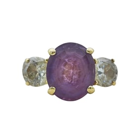 14K Yellow Gold Three Stone Amethyst and Diamond Ring