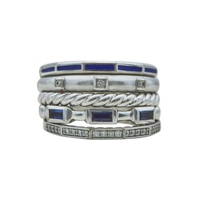 David Yurman Stax 18K White Gold Sapphire, Diamond and Blue Enamel 5 Row Band Ring