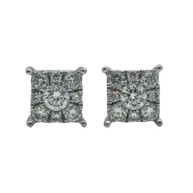 14K White Gold Diamond Square Illusion Cluster Stud Earrings