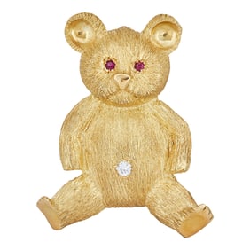 18K Yellow Gold Ruby and Diamond Teddy Bear Brooch Pin