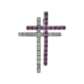 18K White Gold Diamond and Ruby Double Cross Pendant