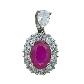 14K White Gold Oval-Cut Ruby Diamond Halo Pendant With Pear-Shaped Diamond Bail