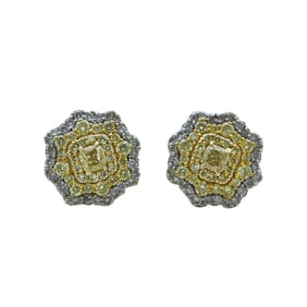 18K White and Yellow Gold Colorless and Yellow Diamond Floral Cluster Stud Earrings