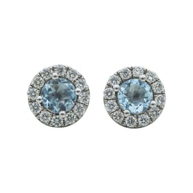 14K White Gold Round-Cut Aquamarine and Diamond Halo Stud Earrings