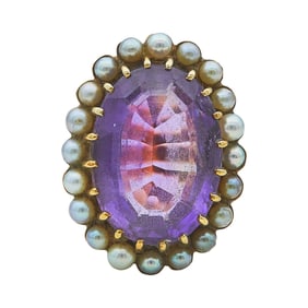 14K Rose Gold Oval-Cut Amethyst and Akoya Pearl Halo Ring