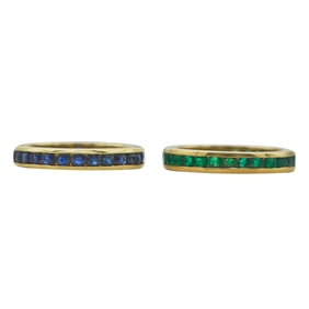 Lot of 2 18K Yellow Gold Sapphire and Emerald Eternity Band Rings