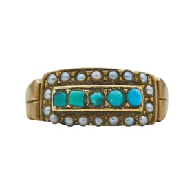 Vintage 14K Yellow Gold Turquoise and Seed Pearl Ring