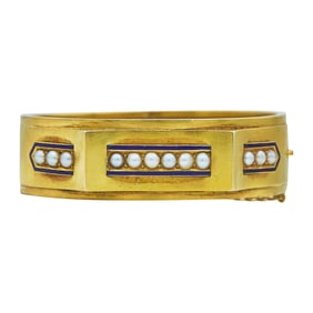 Vintage 14K Yellow Gold Pearl and Enamel Hinged Bangle Bracelet