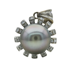 14K White Gold 11.5mm Tahitian Pearl and Diamond Halo Pendant