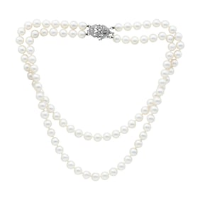 Double Strand 8mm Akoya Pearl Necklace with 14K White Gold Diamond Clasp