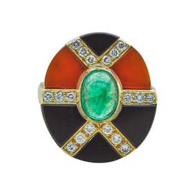 18K Yellow Gold Emerald, Onyx, Carnelian and Diamond Ring