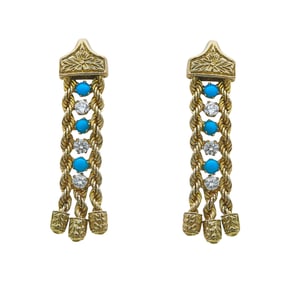 14K Yellow Gold Turquoise and Diamond Twisted Rope Drop Earrings