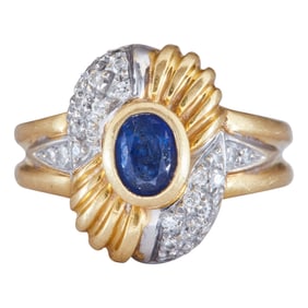 18K Yellow and White Gold Oval-Cut Sapphire and Diamond Ring