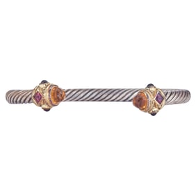 David Yurman Renaissance Cable Sterling Silver and 14K Yellow Gold Citrine and Garnet Cuff Bangle
