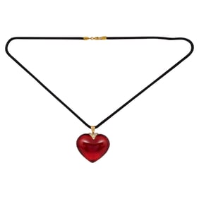 Baccarat 18K Yellow Gold Red Heart-Shaped Crystal and Diamond Pendant on Rope Choker Necklace