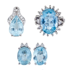 14K White Gold Aquamarine and Diamond Pendant and Ring with 18K White Gold Aquamarine and Diamond