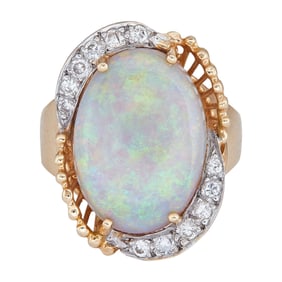 14K Yellow Gold Opal Cabochon and Diamond Ring