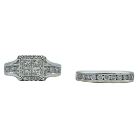 14K White Gold Diamond Illusion Cluster Engagement Ring and Wedding Band Set