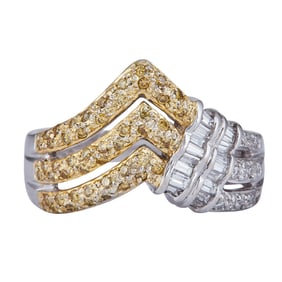 18K White and Yellow Gold Colorless and Yellow Diamond V Shaped 3 Row Band Ring