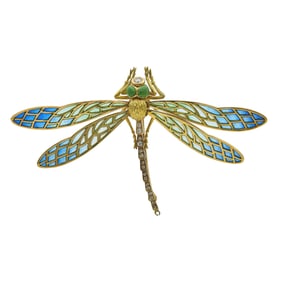 18K Yellow Gold Plique-à-jour Enamel and Diamond Dragonfly Brooch Pin