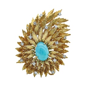 Cherny 18K Yellow Gold Turquoise Cabochon and Diamond Petal Brooch Pendant