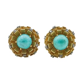 Cherny 18K Yellow Gold Turquoise Cabochon and Diamond Earrings