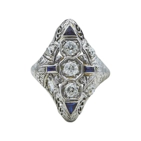 Vintage 18K White Gold Old European-Cut Diamond and Sapphire Navette Ring