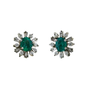 14K White Gold Emerald and Diamond Halo Stud Earrings