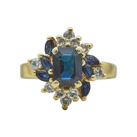 14K Yellow Gold Emerald-Cut Sapphire and Diamond Cluster Ring
