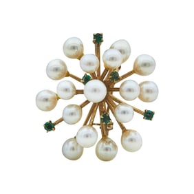 14K Yellow Gold Cultured Pearl and Emerald Cluster Brooch Pedant