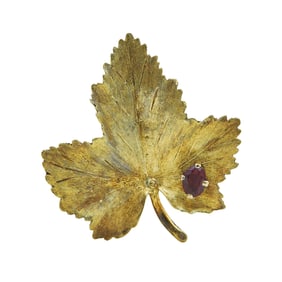 Attributed to Tiffany & Co. 18K Yellow Gold Ruby Maple Leaf Brooch Pin