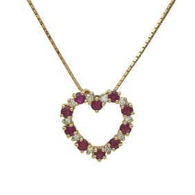 14K Yellow Gold Ruby and Diamond Alternating Heart Pendant Necklace