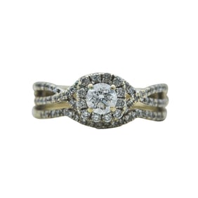 14K White Gold Diamond Halo Engagement Ring and Wedding Band Bridal Set