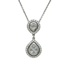 18K White Gold Princess and Round-Cut Diamond Drop Pendant Necklace