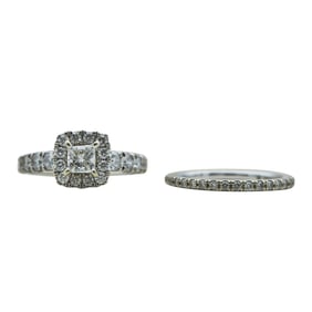 14K White Gold 0.60 carat Princess-Cut Diamond Halo Engagement Ring and Wedding Band Ring