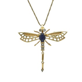 14K Yellow Gold Sapphire and Diamond Dragonfly Brooch/Pendant Necklace