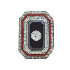 Platinum Diamond, Onyx and Enamel Tiered Art Deco Style Ring