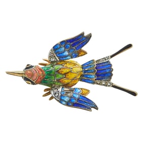 18K Yellow Gold and Platinum Multicolored Enamel and Rose-Cut Diamond Bird Brooch Pin